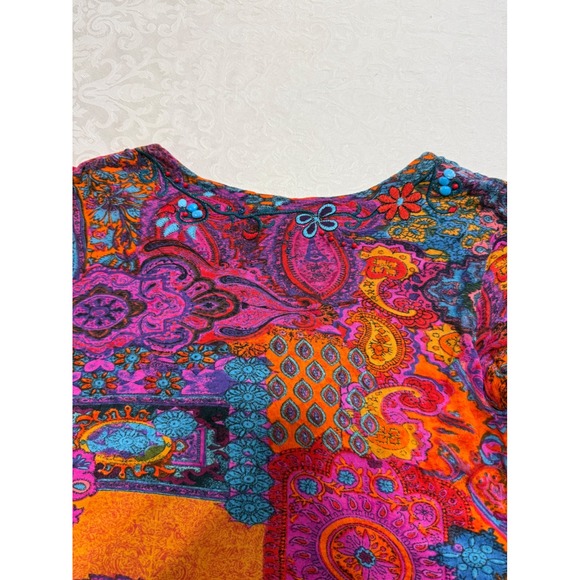 Chico's Paisley Patchwork Tunic Top Women's Size 1 Beaded V Neck Long Sleeve‎ - Picture 11 of 12
